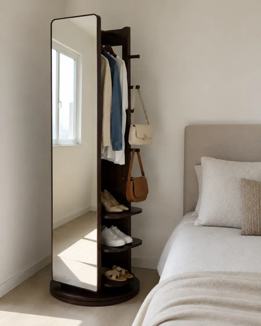 Espelheira giratoria montada no canto do quarto com roupas, bolsas e sapatos